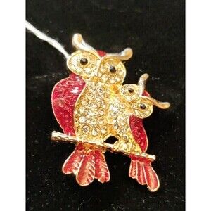 Red & Gold  Enamel & Rhinestone Mom & Baby Owl Brooch  1.255" Wide X 1.75" Long